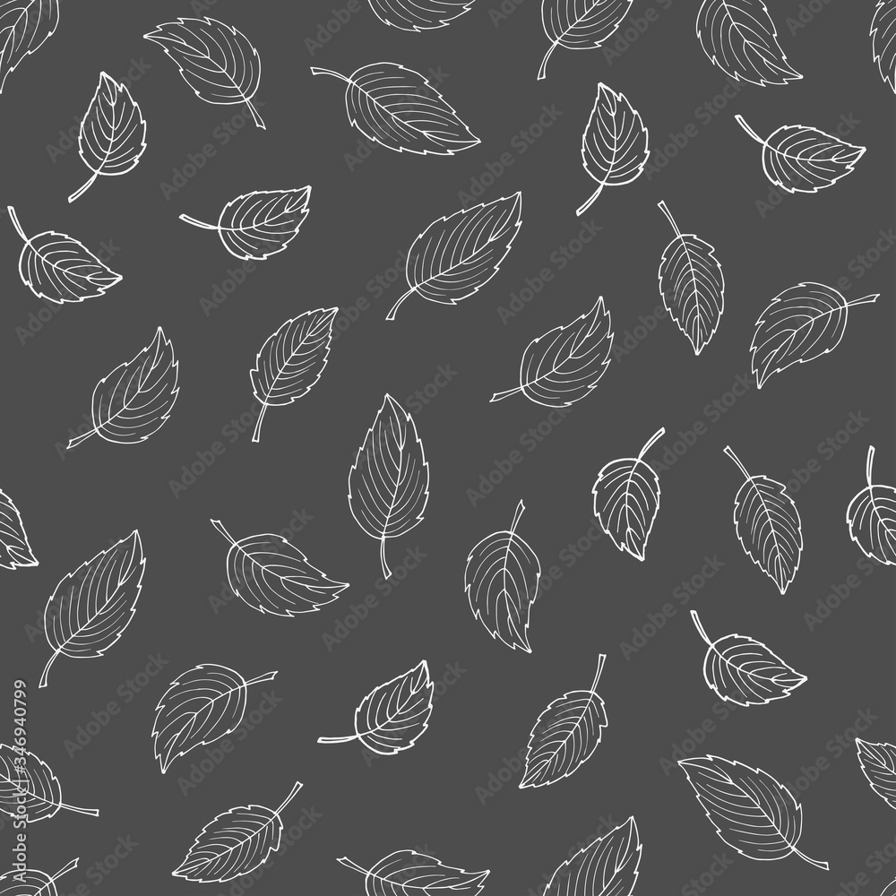 Seamless pattern of white leaves on gray background. Black white sketch. Hand drawn digital paper. Doodle. Blackboard. For logo, wallpaper, fabric, packing, wrapping, logo