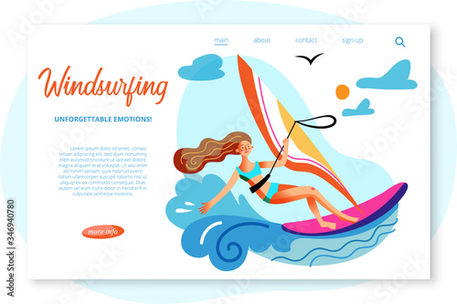 Vector character windsurfing woman landing page