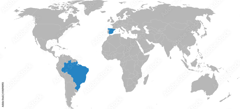 Spain, Brazil countries isolated on world map. Light gray background. Business concepts and backgrounds.
