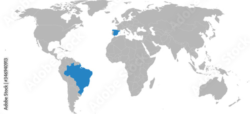 Spain, Brazil countries isolated on world map. Light gray background. Business concepts and backgrounds.