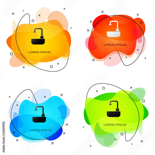 Black Washbasin with water tap icon isolated on white background. Abstract banner with liquid shapes. Vector Illustration