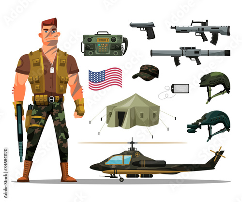 Commando man, weapon and combat ammunition set