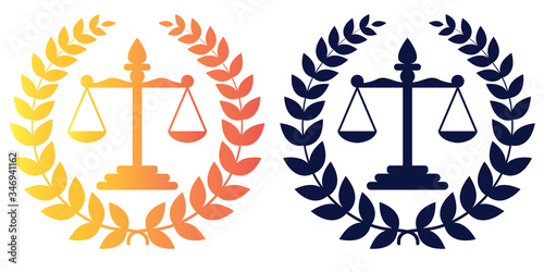 Themis Scales with Wreath. Logo in two color options. Isolated vector illustration on white background.