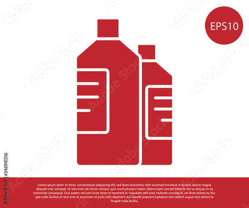 Red Plastic bottles for laundry detergent, bleach, dishwashing liquid or another cleaning agent icon isolated on white background.  Vector Illustration