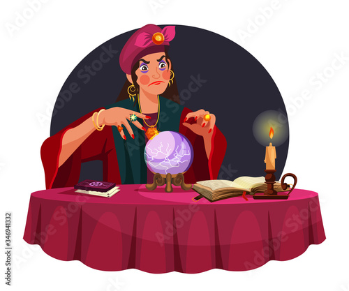 Vector character woman fortune teller, magic ball