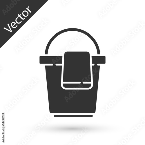 Grey Bucket with rag icon isolated on white background. Cleaning service concept.  Vector Illustration