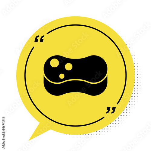 Black Sponge icon isolated on white background. Wisp of bast for washing dishes. Cleaning service concept. Yellow speech bubble symbol. Vector Illustration