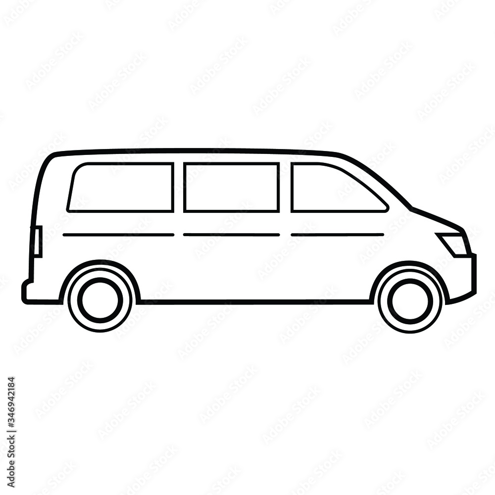 Auto, T4, car, bus. Delivery icon. Travel, a trip, tourism. Vector isolated outline black illustration on white background