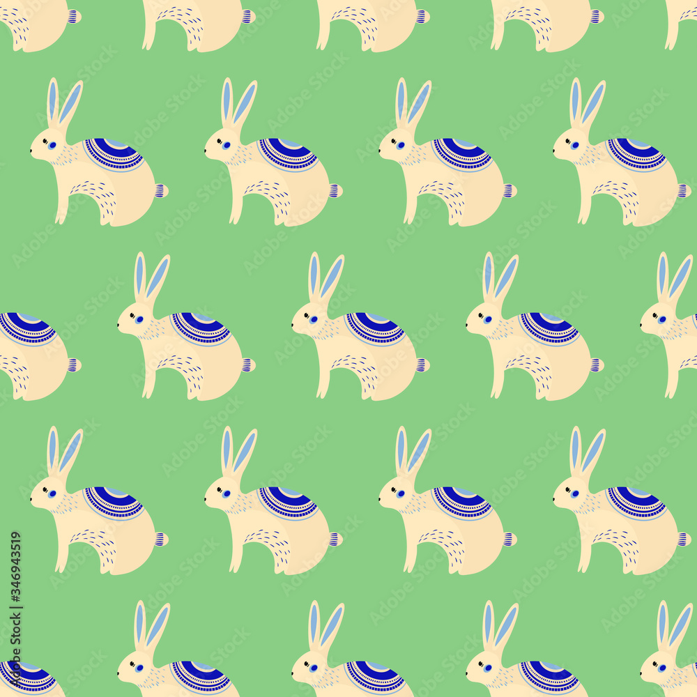 Obraz premium Bunny cartoon pattern - vector simple texture. Seamless pattern for textile, napkins, tablecloths, wrapping paper. Vector flat illustration. Cute rabbit