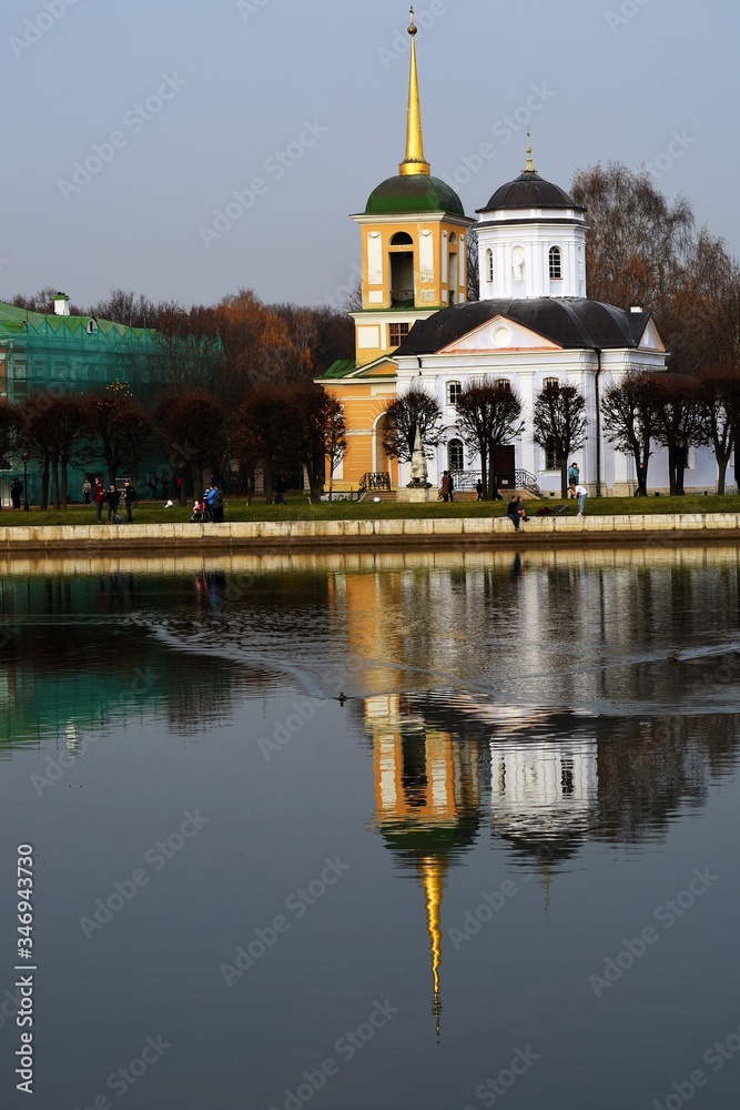 Old church. Kuskovo public park in Moscow. Popular landmark.