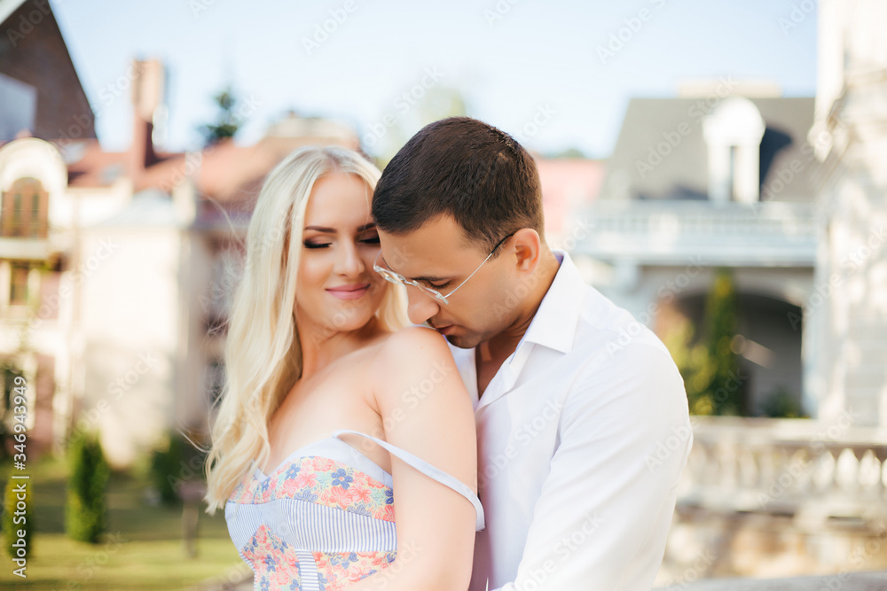 Romantic tourist couple walking around the city relaxing