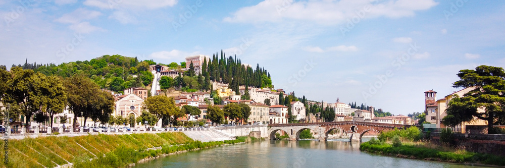 Ponte Pietra, Verona, with hill and river, Verona City