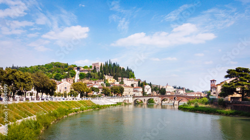 Ponte Pietra, Verona, with hill and river, Verona City