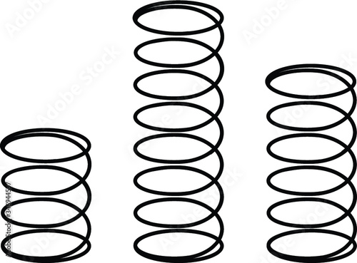 Set of black metal flexible springs on white. Vector illustration of coil spring.  Mattress spring flat icon. Spiral springs of swirl line or curved wire cords, shock absorbers or equipment parts.
