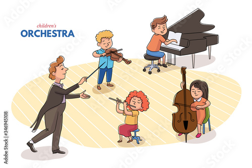 Children orchestra and conductor direction concert