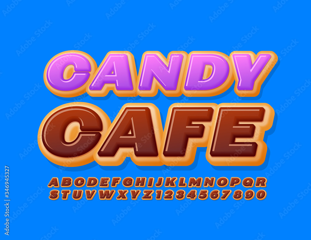 Vector sweet logo Candy Cafe with Cake Font.Chocolate Donut Alphabet Letters and Numbers