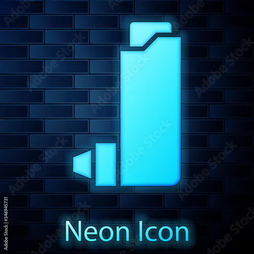 Glowing neon Inhaler icon isolated on brick wall background. Breather for cough relief, inhalation, allergic patient.  Vector Illustration