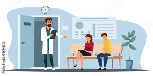 Vector character illustration doctor invites patient to enter