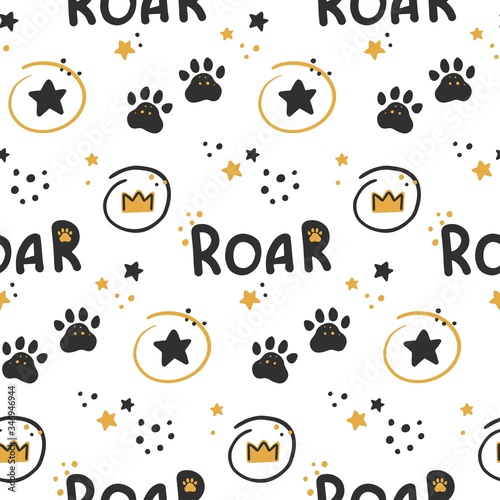 Cute seamless pattern with roar, stars and footprints. Seamless pattern with lion items. Scrapbook printable paper. Scandinavian art. Flat vector print for kids.