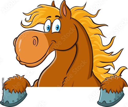 Brown Horse Cartoon Character Over A Blank Sign. Vector Illustration Isolated On White Background