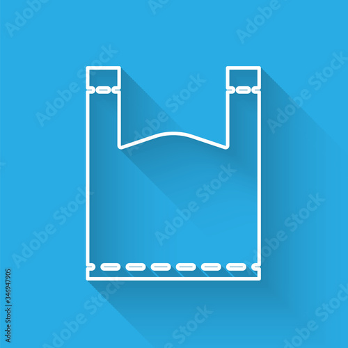 White line Plastic bag icon isolated with long shadow. Disposable cellophane and polythene package prohibition sign.  Vector Illustration