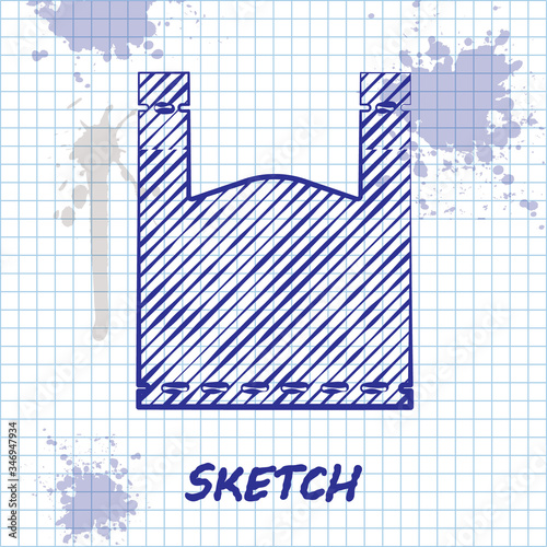 Sketch line Plastic bag icon isolated on white background. Disposable cellophane and polythene package prohibition sign.  Vector Illustration