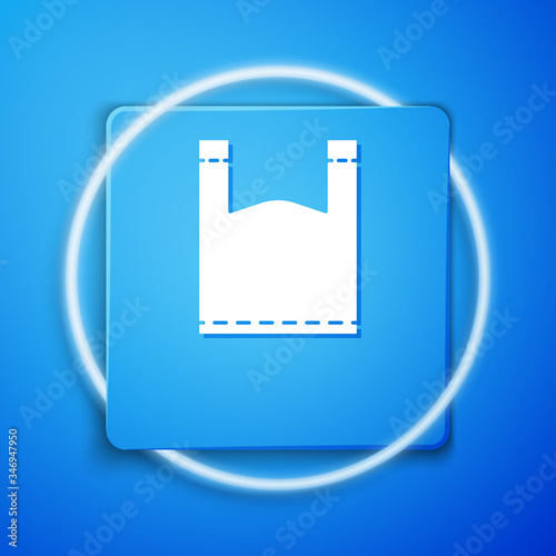 White Plastic bag icon isolated on blue background. Disposable cellophane and polythene package prohibition sign. Blue square button. Vector Illustration