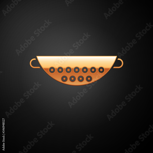 Gold Kitchen colander icon isolated on black background. Cooking utensil. Cutlery sign.  Vector Illustration