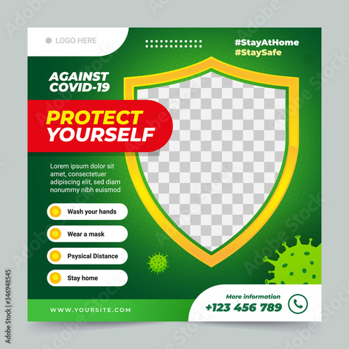 Medical health banner about coronavirus, social media instagram post banner template. editable square with shield on photo college. awareness for stay home and protect yourself against covid-19.