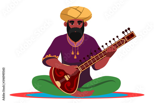 Indian musician performer sit isolated on white