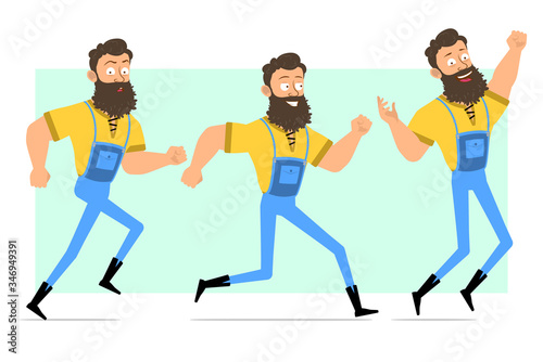 Cartoon flat funny strong muscular bearded lumberjack in blue jeans. Ready for animation. Smiling man walking, running and jumping. Isolated on green background. Vector icon set.