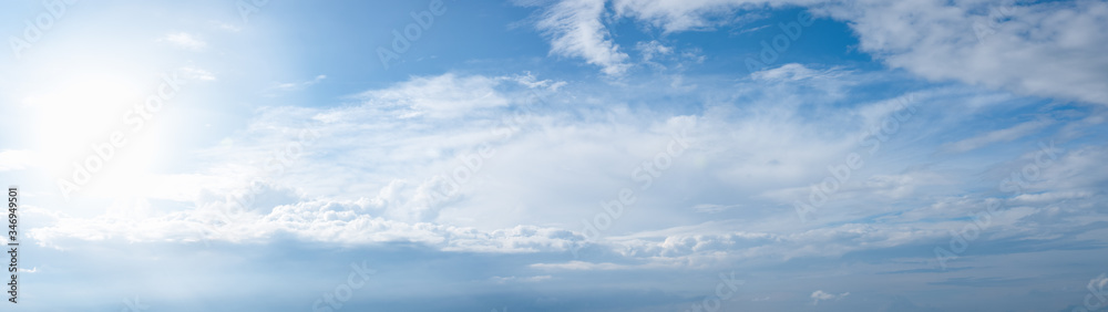 Blue sky with clouds and sun panoramic web banner