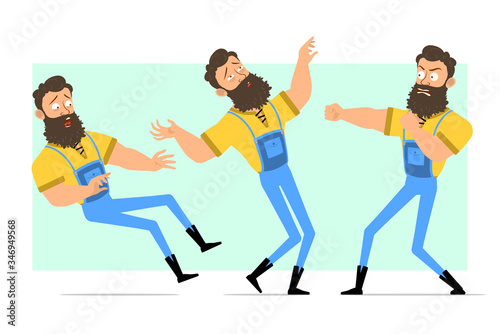Cartoon flat funny strong muscular bearded lumberjack in blue jeans. Ready for animation. Angry man fighting and falling down. Isolated on green background. Vector icon set.