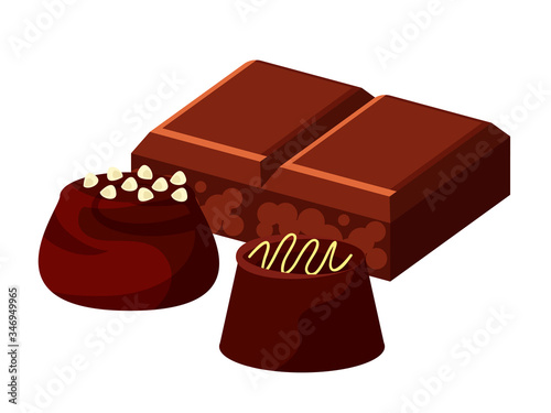 Vector flat illustration of piece of chocolate and candy