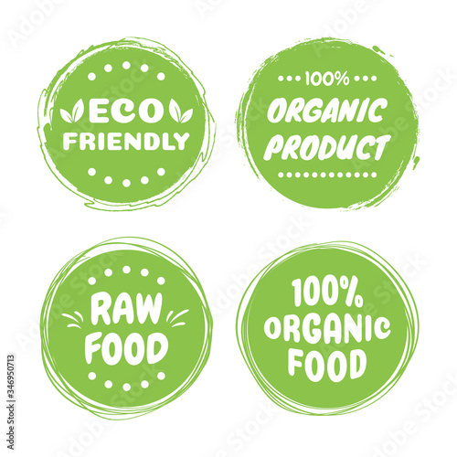 Organic healthy vegan food labels. Natural, fresh, organic food stickers collection. Vector graphic design.