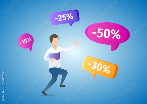 Time to big sale. Modern Sale banner. Customer catching a discount badge. Vector flat illustration concept on blue background.