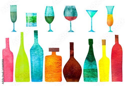 Set of stylized silhouettes of colored bottles of alcohol and glasses. Watercolor. Isolated