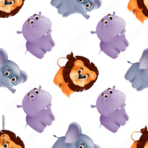 Zoo animals seamless pattern with cute baby lion, hippo and elephant. Vector illustration with funny mascot characters isolated on white background. Great for fabric print, textile or wrapping paper
