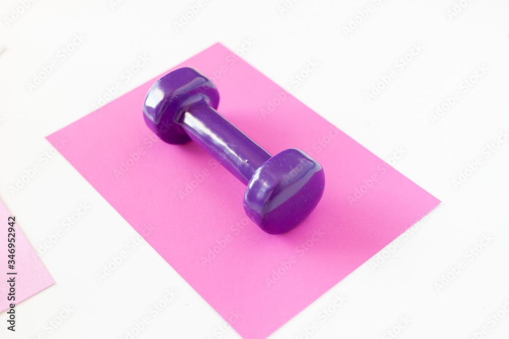 violet dumbbell on a pink background on a white background violet dumbbell on a pink background on a white background