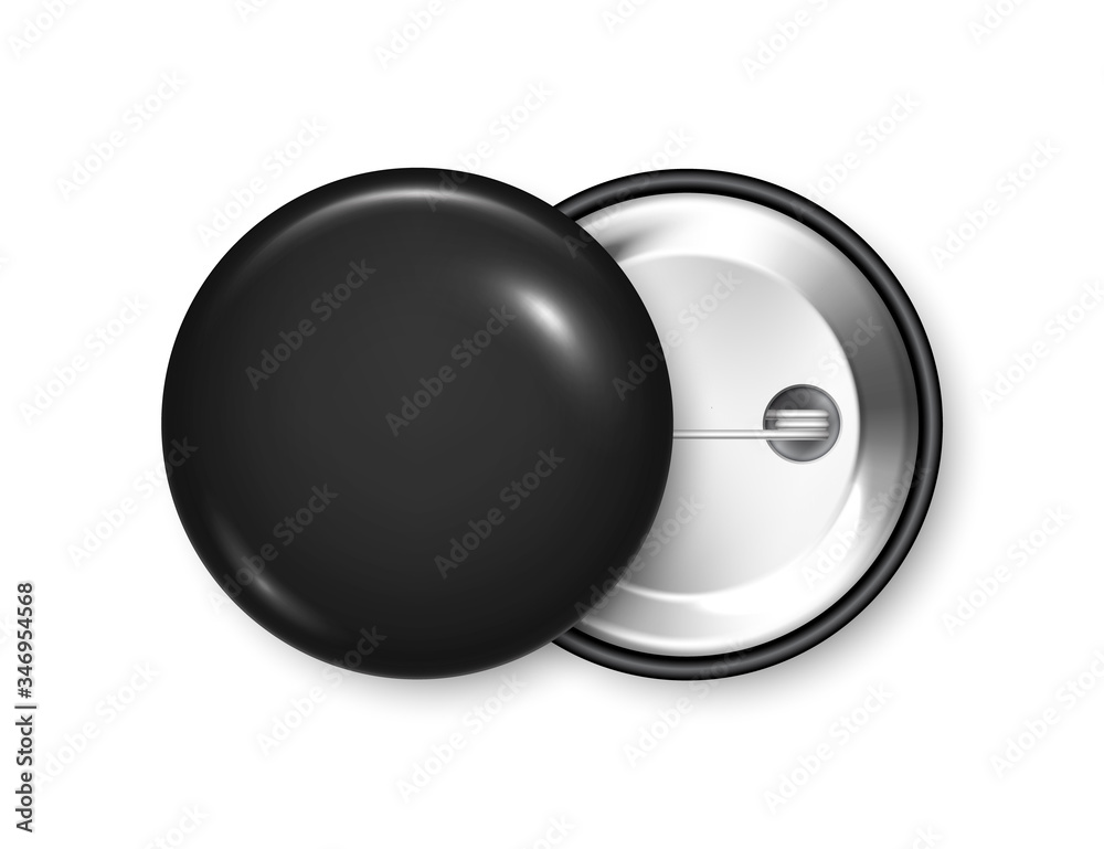 Realistic black blank badge. 3D glossy round button. Pin badge mockup. Vector illustration.
