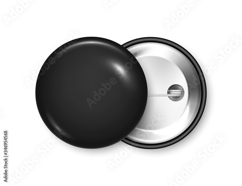 Realistic black blank badge. 3D glossy round button. Pin badge mockup. Vector illustration.