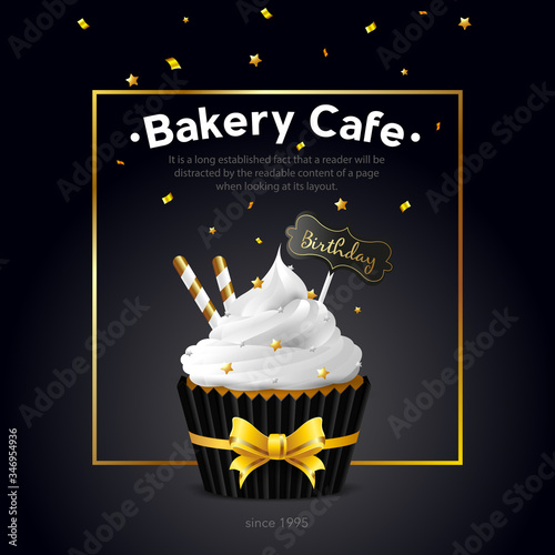 Flyer cafe bakery. sweet cupcake with white icing and a birthday tag. Template banner, card. Vector illustration