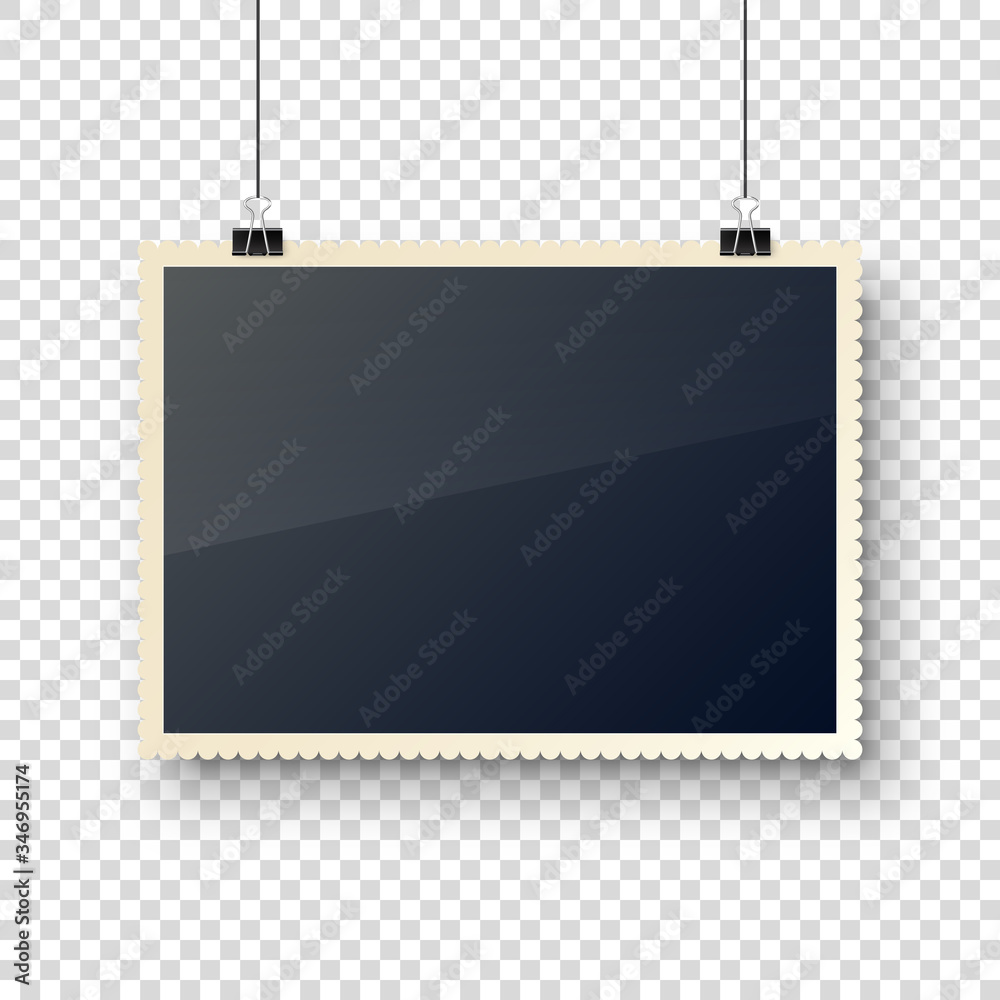 Photo card hanging on paper clips. Digital snapshot frame, photography. Vintage retro photograph. Mockup for design. Vector illustration. Photo card hanging on paper clips. Digital snapshot frame, photography. Vintage retro photograph. Mockup for design. Vector illustration.