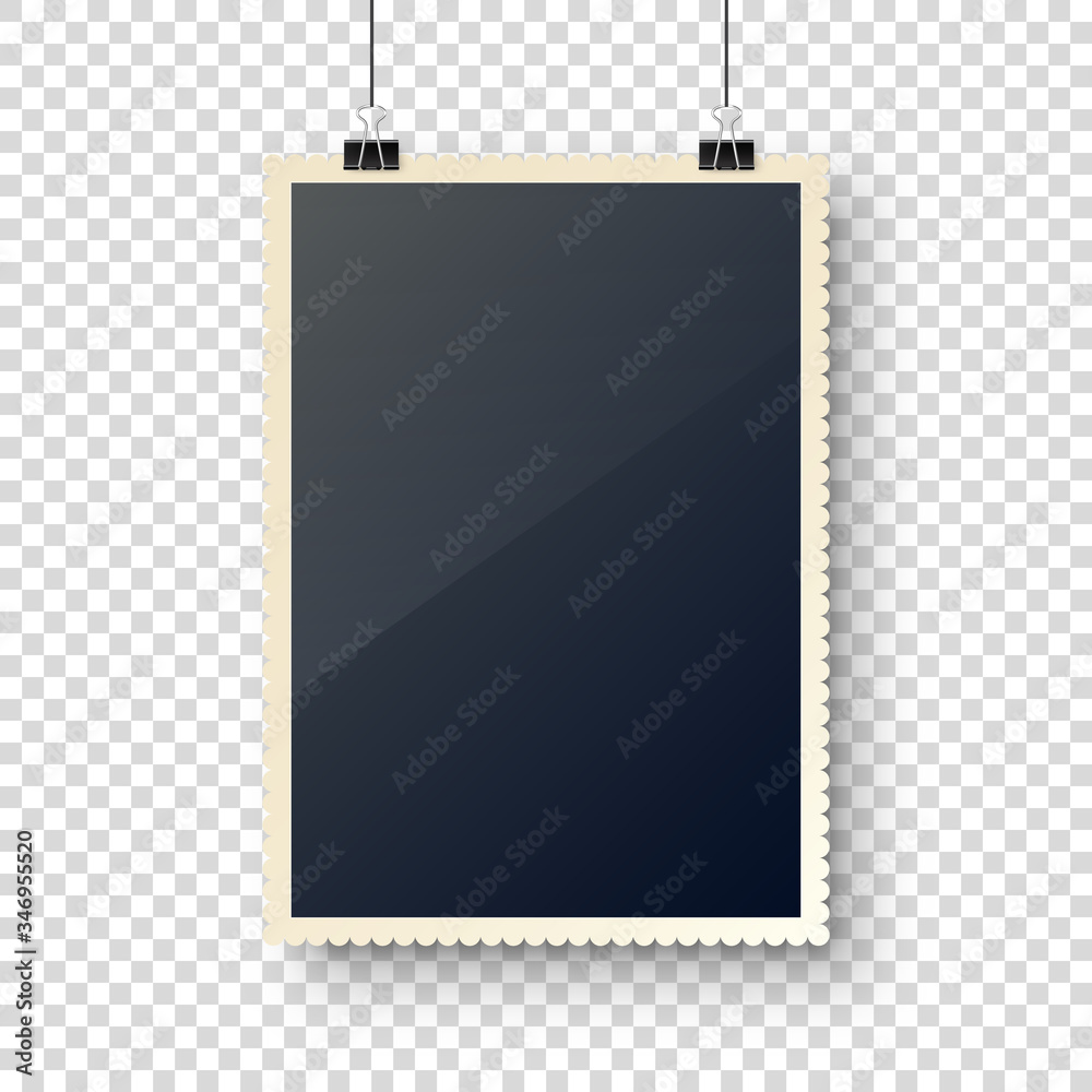 Photo card hanging on paper clips. Digital snapshot frame, photography. Vintage retro photograph. Mockup for design. Vector illustration. Photo card hanging on paper clips. Digital snapshot frame, photography. Vintage retro photograph. Mockup for design. Vector illustration.