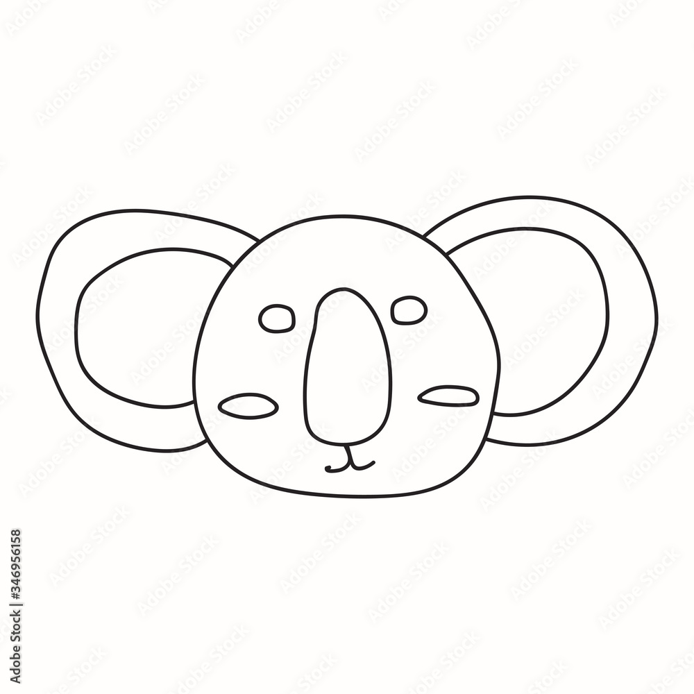 Empty outline of cute doodle koala head isolated on white background. Anti-stress drawing for coloring children and adults. Drawing on a t-shirt, logo or tattoo. Stock vector illustration