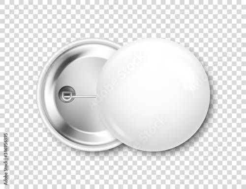 Realistic white blank badge. 3D glossy round button. Pin badge mockup. Vector illustration.