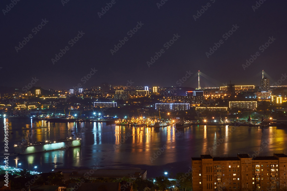 Sea port in the Golden Horn Bay in Vladivostok, Russia. View from above.