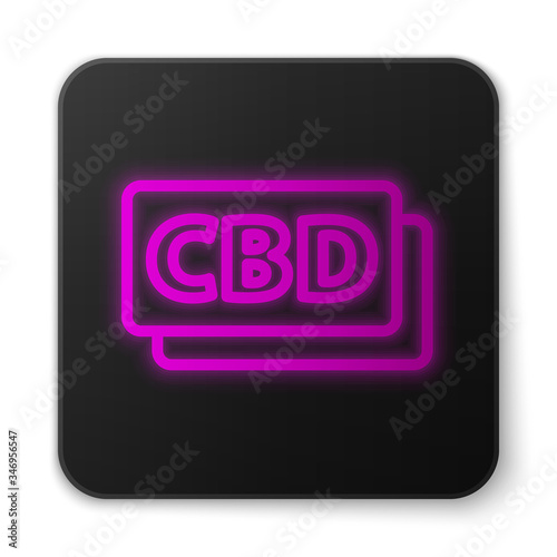 Glowing neon line Cannabis molecule icon isolated on white background. Cannabidiol molecular structures, THC and CBD formula. Marijuana sign. Black square button. Vector Illustration