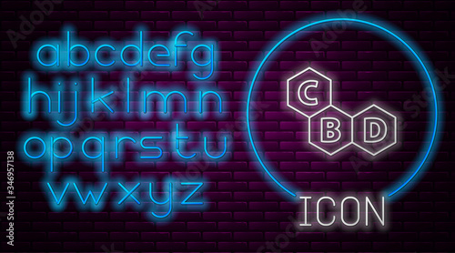 Glowing neon line Cannabis molecule icon isolated on brick wall background. Cannabidiol molecular structures, THC and CBD formula. Marijuana sign. Neon light alphabet. Vector Illustration