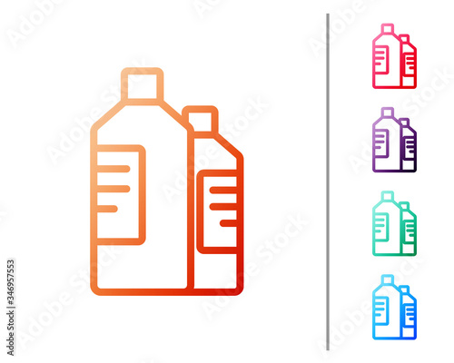 Red line Plastic bottles for laundry detergent, bleach, dishwashing liquid or another cleaning agent icon isolated on white background. Set color icons. Vector Illustration